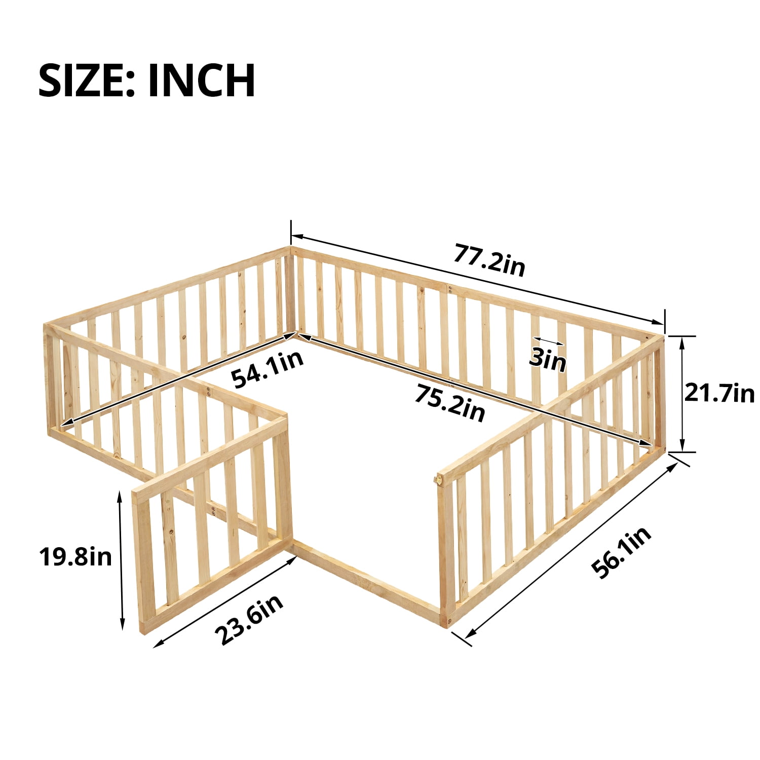 Full Size Floor Bed for Kids, Wood Full Montessori Bed Frame with Fence Guardrails and & Support Slats, Full Playhouse Bed with Door Design, Kids Fence Bed Playpen Bed for Boys ,Girls, Natural