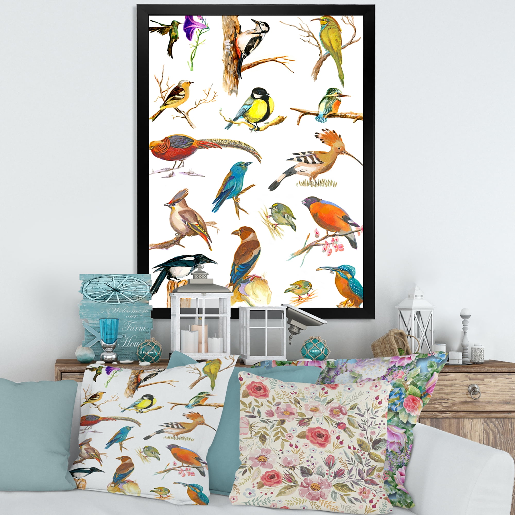 Designart 'Vital Colored Birds Plancard' Traditional Framed Art Print