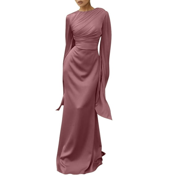 Elegant Women's Formal Dress Long Sleeve Round Neck Satin Evening Gown For Party Wedding Wear Spring Summer Fall Basic Solid Color