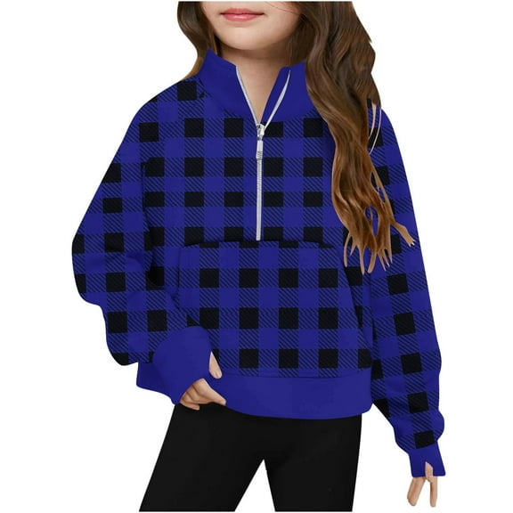 AINIYS Teens Long Sleeve Plaid 13 Years Girls Y2K Plullover 1/4 Zip up Collared Plus Size Sports Sweatshirt Casual Loose Pullover with Pockets Fashion Clothes Vintage Fall and Winter Sweatshirt