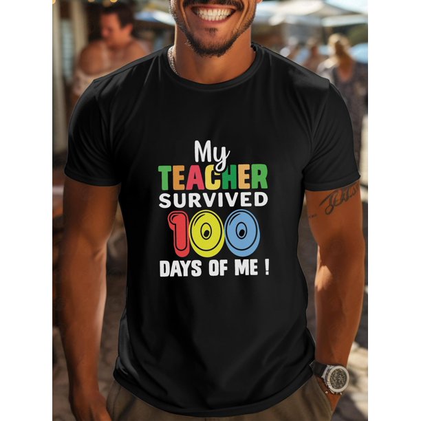 Men'S Casual Crew Neck T-Shirt, 100% Polyester Short Sleeve Top, Summer Knit Fabric Tee with "My Teacher Survived 100 Days of Me" Print, Regular Fit, Medium Stretch, 150gsm - Perfect for Going Out Te