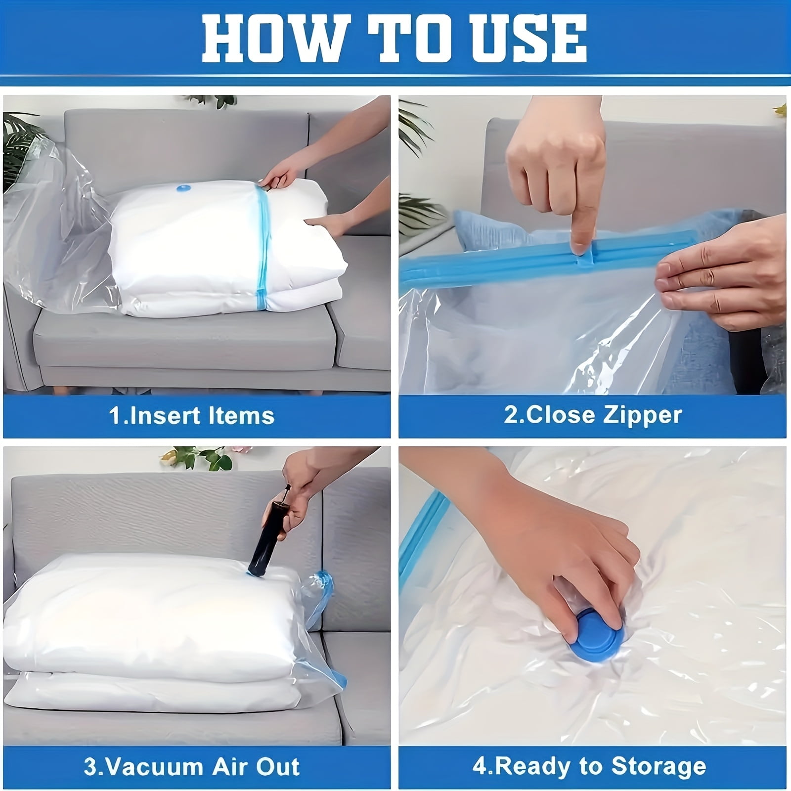 Basics Vacuum Compression Space Saving Storage Bags with Hand Pump, Large(40*60cm), Pack of 7 + 1 manual pumps, Clear comforter storage bag