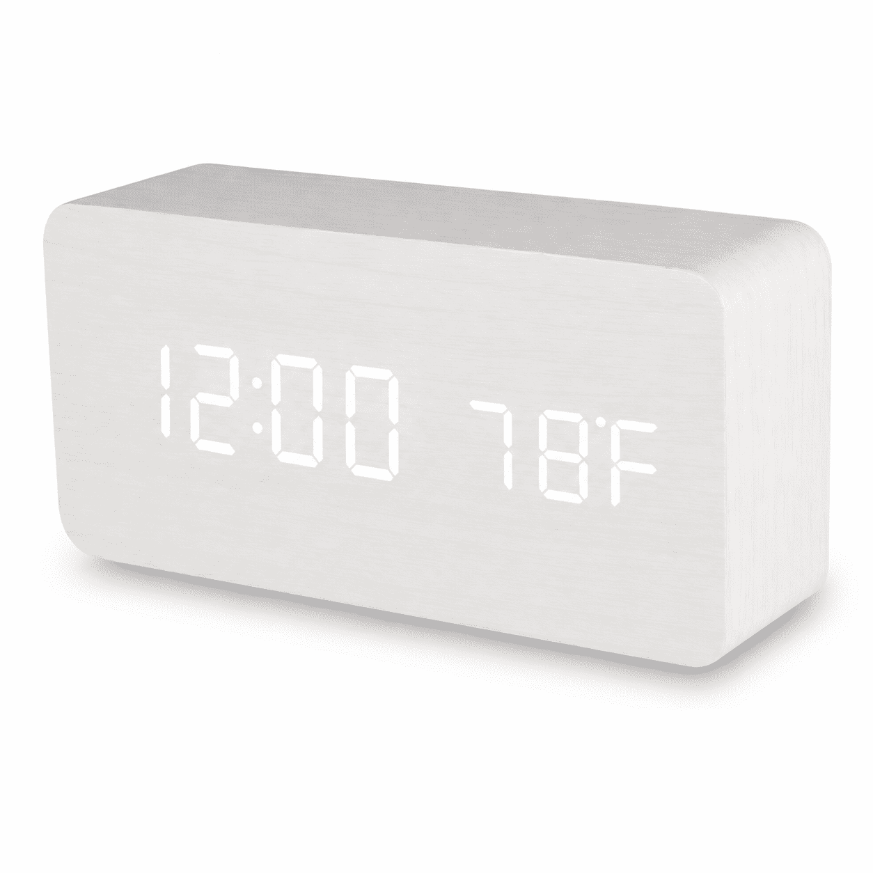 ABCISI Digital Alarm Clock for Bedroom, LED Wood Grain Clock with 3 Alarms, Voice Control, Temperature and Date Display, 3 Brightness Levels, 12/24H, 5.9 x 1.57 x 2.7 In, White