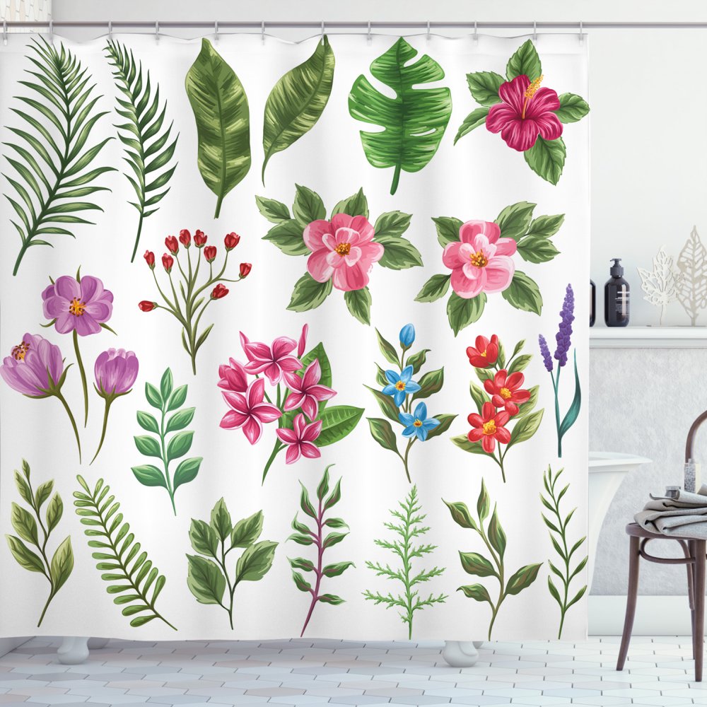 Plant Shower Curtain, Exotic Flowers and Ferns Botanical Elements Flora Variety of Leaves