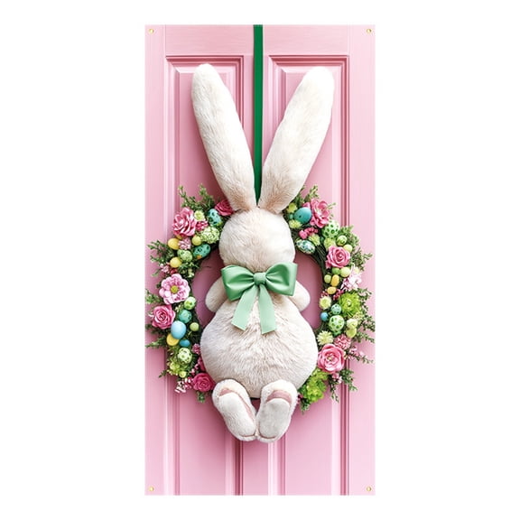 Happy Easter Door Cover Pink 70.8"x35.4", Cute Easter Bunny Door Cover Happy Easter Party Supplies Easter Welcome Door Porch Sign Banner for Spring Easter Holiday Party Decorations (Door Cover)