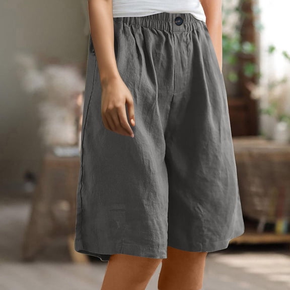 2026 Summer Shorts For Women Trendy Elastic Waist Half Shorts Pants Buttons Casual Linen Y-Dark Gray Womens Lounge Shorts Yoga Shorts S-3XL