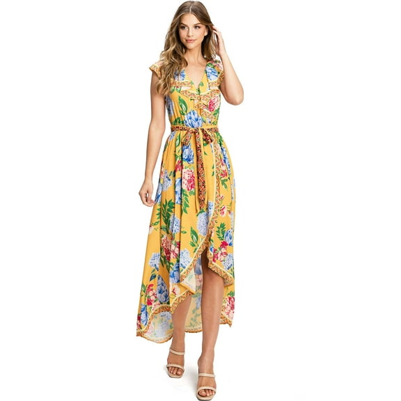 Flying Tomato Women's Floral Print Wrap Day Dress (S, Yellow)