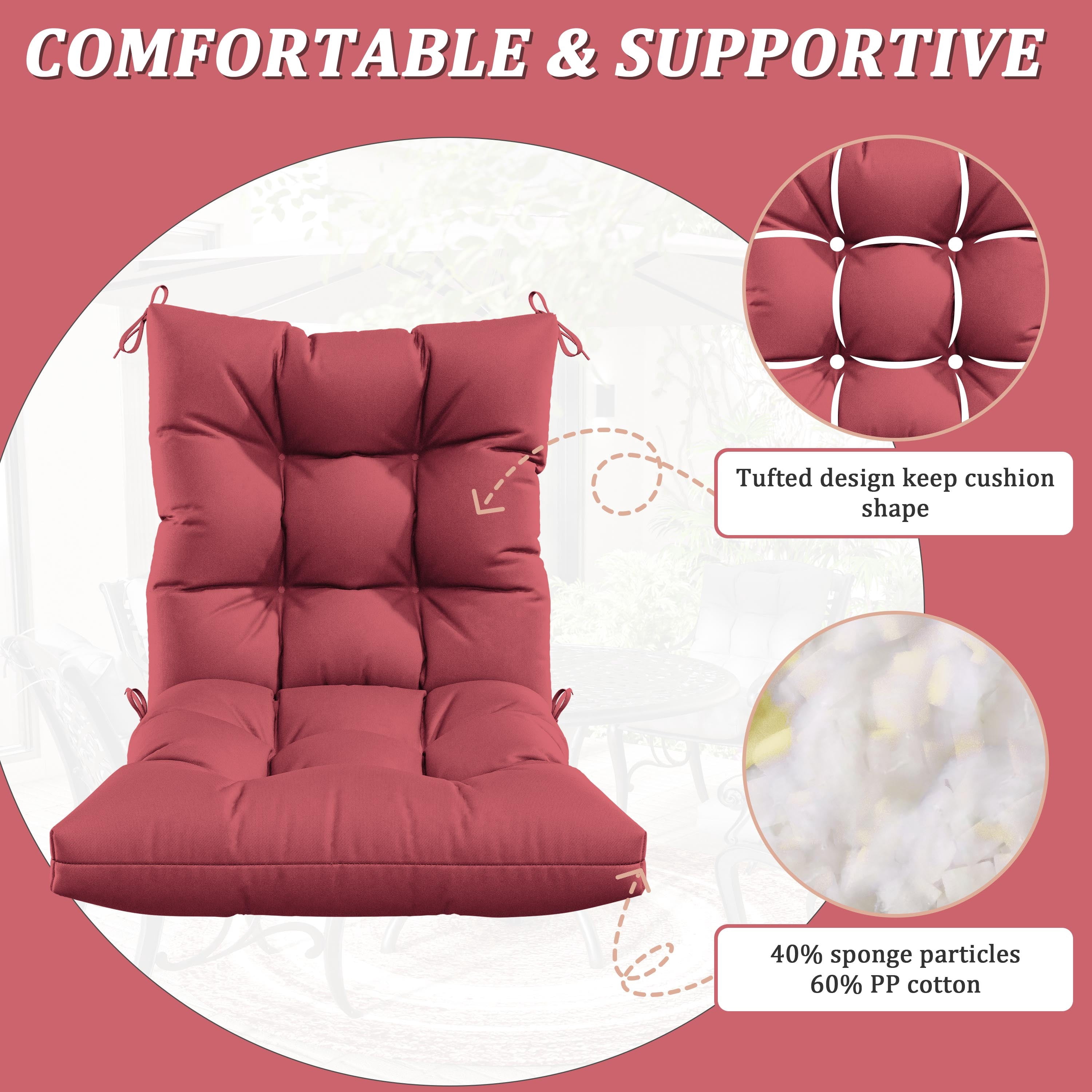 Pakunoda Chairs Cushions 42" X 21" Tufted Non Slip Pad Seat and Seatback 2 Set Cushion with Ties for Patio Outdoor & Indoor Rocking Chair, Fuchsia Red