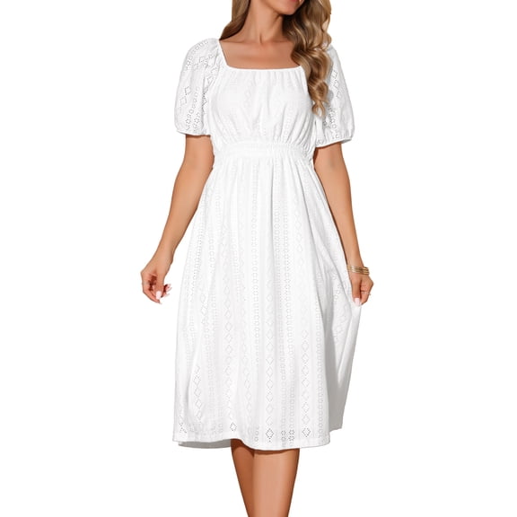 DARING DIVA Eyelet Square Neck Short Sleeve A Line Midi Dress S White
