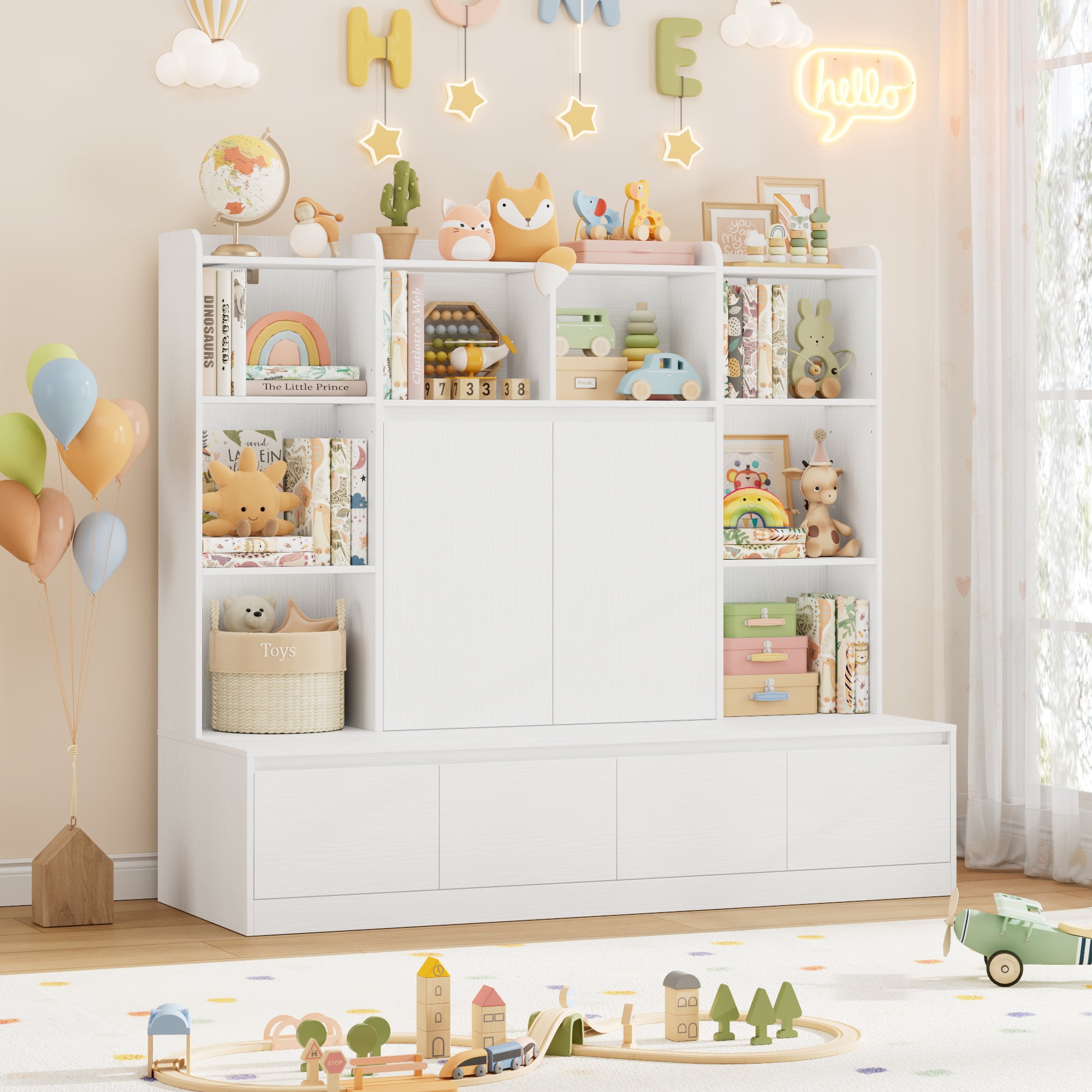 Homfa 10 Cubes Kids Toy Storage Organizer, 4 Drawers Kids Bookcase and Bookshelf with Doors & Adjustable Shelves for Playroom Kids Room, White
