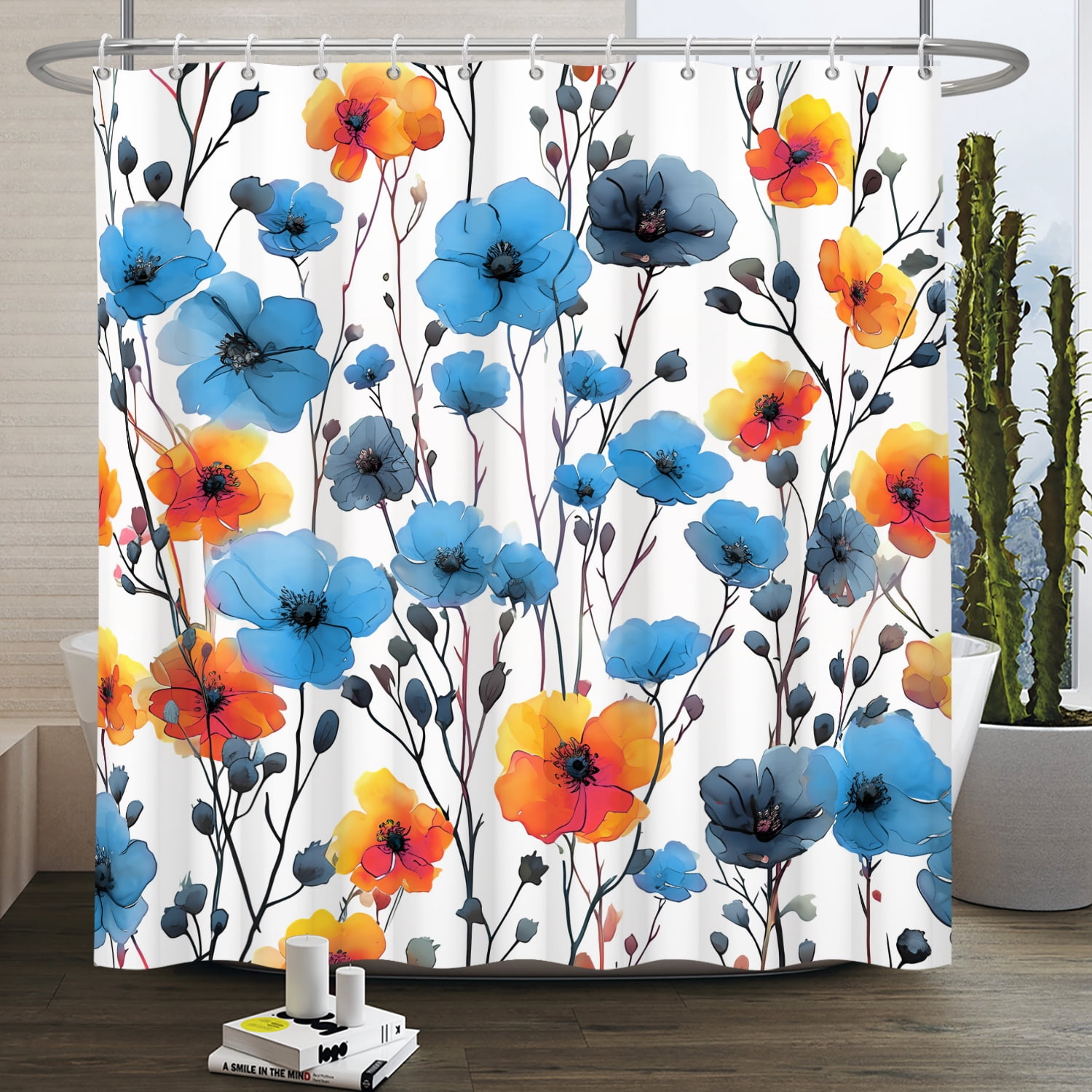 MIZHONA Boho Floral Shower Curtain for Bathroom Waterproof Abstract Aesthetic Decorative Blue 47"X64"