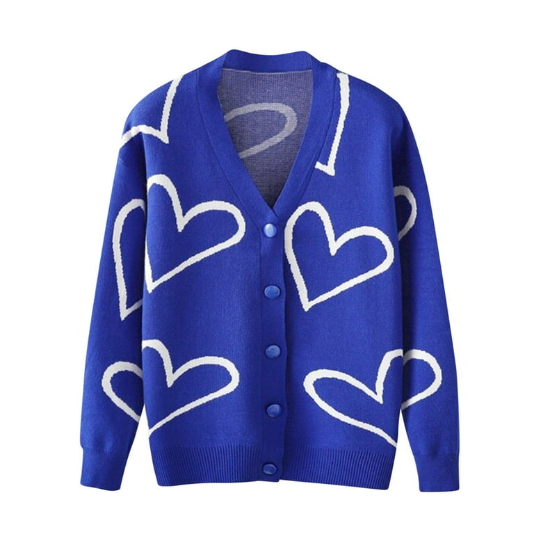 Women Valentine's Day Heart Print Knit Cardigan Sweater Long Sleeve V Neck  Button Down Sweater Knitwear Outerwear Tops