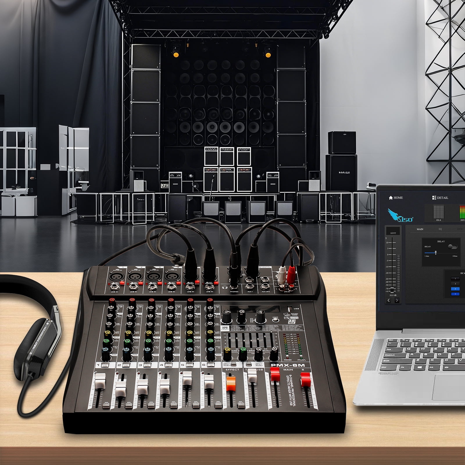 Audio Mixer 6 Channel Professional Mixer Console with 320 DSP Effects, 7-band EQ Sound Mixing Board Digital DJ Mixer w/USB Bluetooth MP3 for Recording, Independent 48V Power & Mute Button