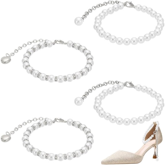 2 Pairs Plastic Pearl Shoe Straps 2 Styles 8.6 inch Pearl Beaded Shoe Laces High Heel Shoe Straps Detachable Ankle Straps Belt Band DIY