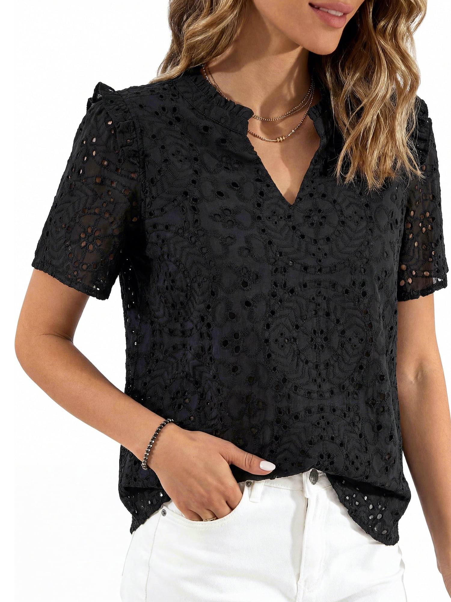 PRETTYGARDEN Women's V Neck Eyelet Short Sleeve Top, Sizes S-XXL