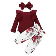 Kayannuo Baby Girl Clothes Long Sleeve Fall Winter Newborn Baby Girl Clothes Infant Outfits Ruffle Sleeve Romper Bodysuit Floral Pants Toddler Girl Outfits,Red
