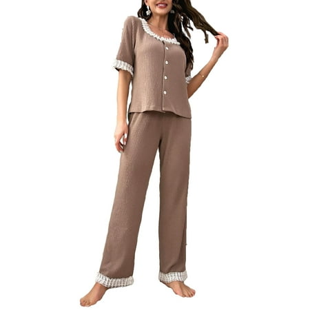 

Elegant Colorblock Scoop Neck Pant Sets Short Sleeve Mocha Brown Women Pajama Sets (Women s)