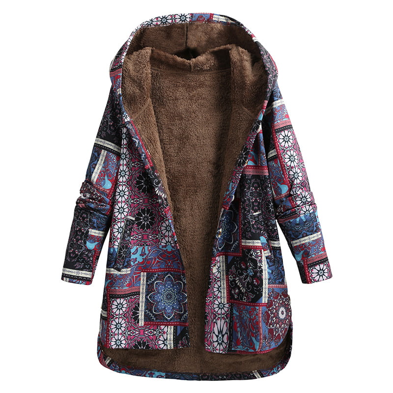 Women Vintage Loose Hooded Coat Floral Printed Fleeces Lining Buttoned ...