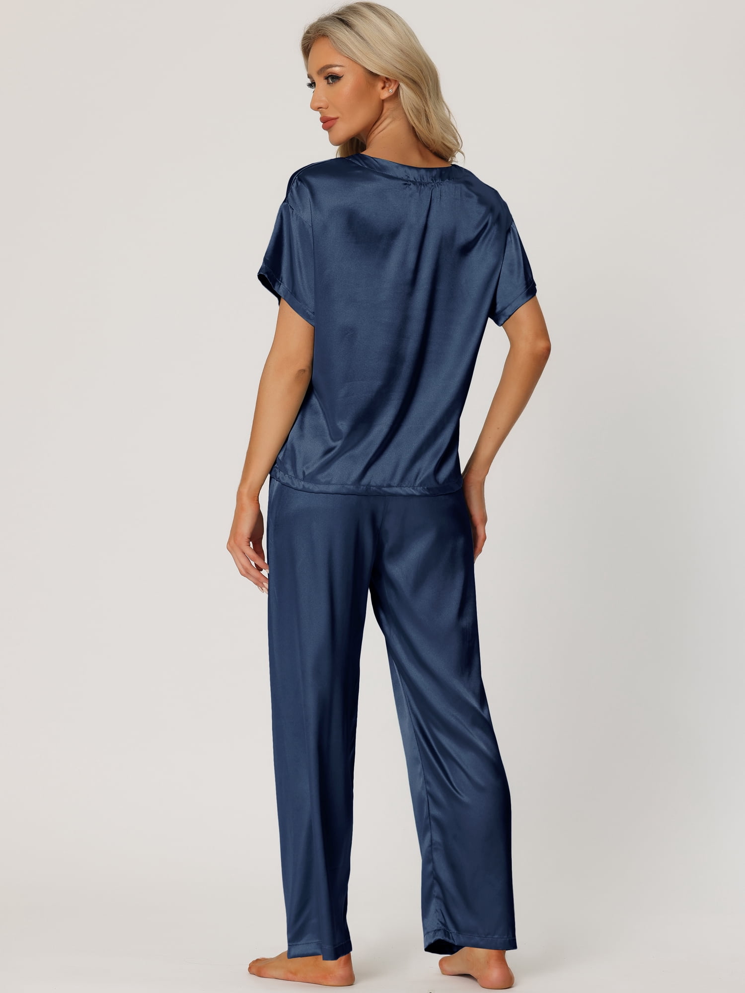 DARING DIVA Women's Satin Pajamas Sleepwear Summer Outfits Short Sleeves Tops 2XL Blue