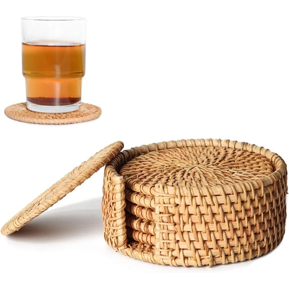 SONGAUN Set of 6 Rattan Weave Cup Mat Hand-Made Crafts Rattan Coasters Coasters for Drinks Home Decoration Holder for Kitchen Table Drinks (4 * 4 in)