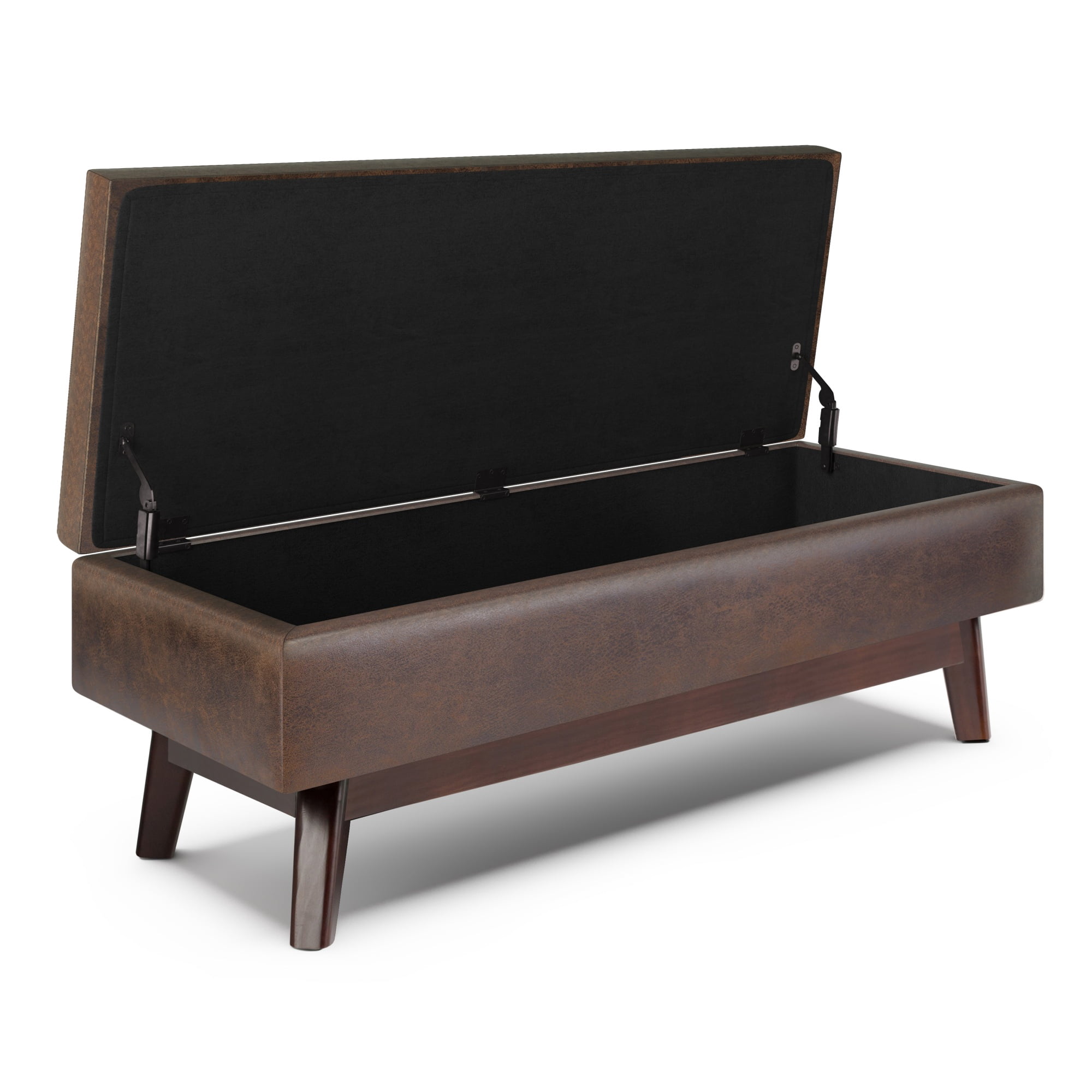 Owen 48 inch Wide Mid-Century Modern Rectangular Storage Ottoman in Distressed Chestnut Brown Vegan Leather
