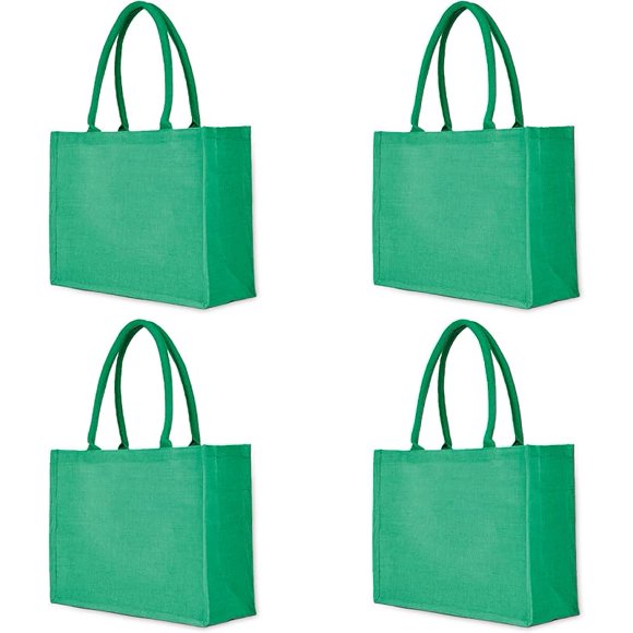 Jucobee Green Juco Tote Bag – Large 12"x16"x6" Juco Carryall with Handles, Reusable, Lightweight & Multipurpose for Travel, Kitchen & More – Pack of 4