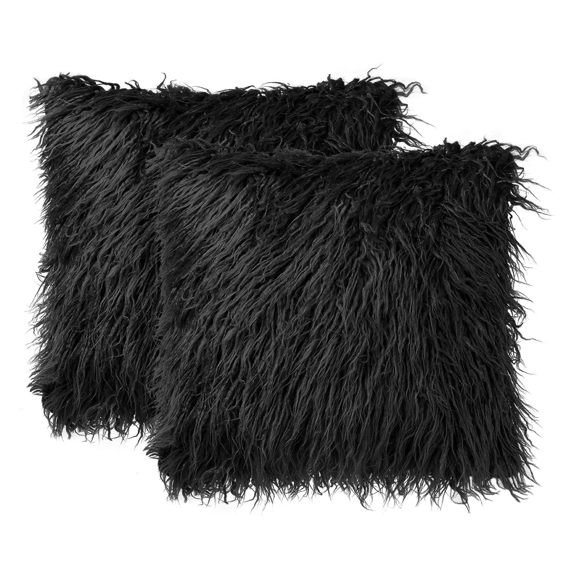 Soft Plush Shaggy Faux Fur Square Throw Pillow Case Covers Black 2pcs