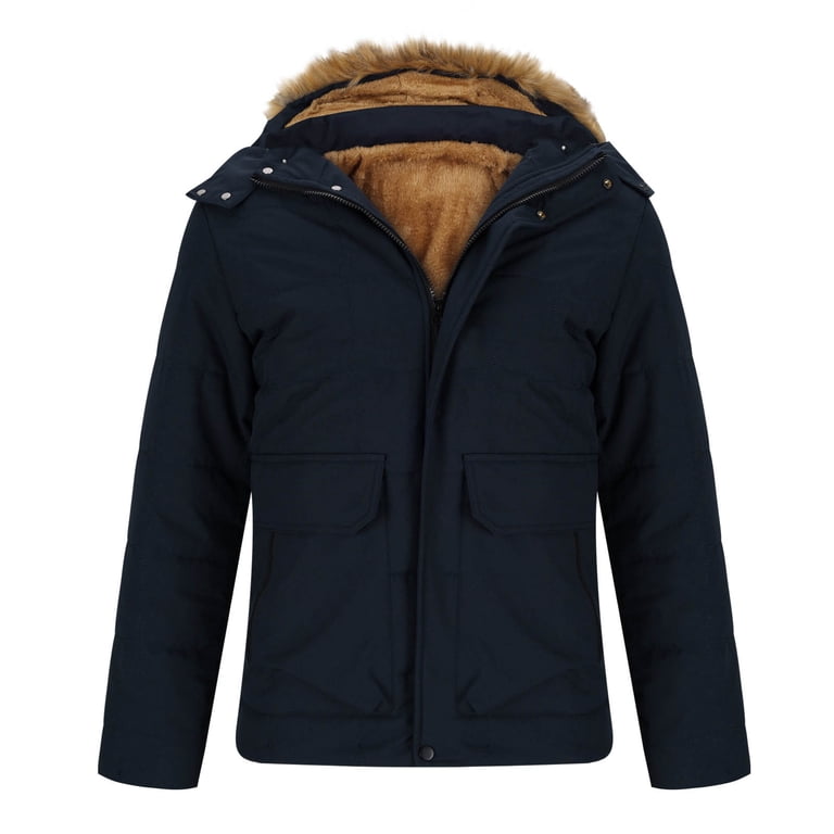 ZQUUVOU Men's Hooded Quilted Coat Zip Front Long Sleeve Faux Fur