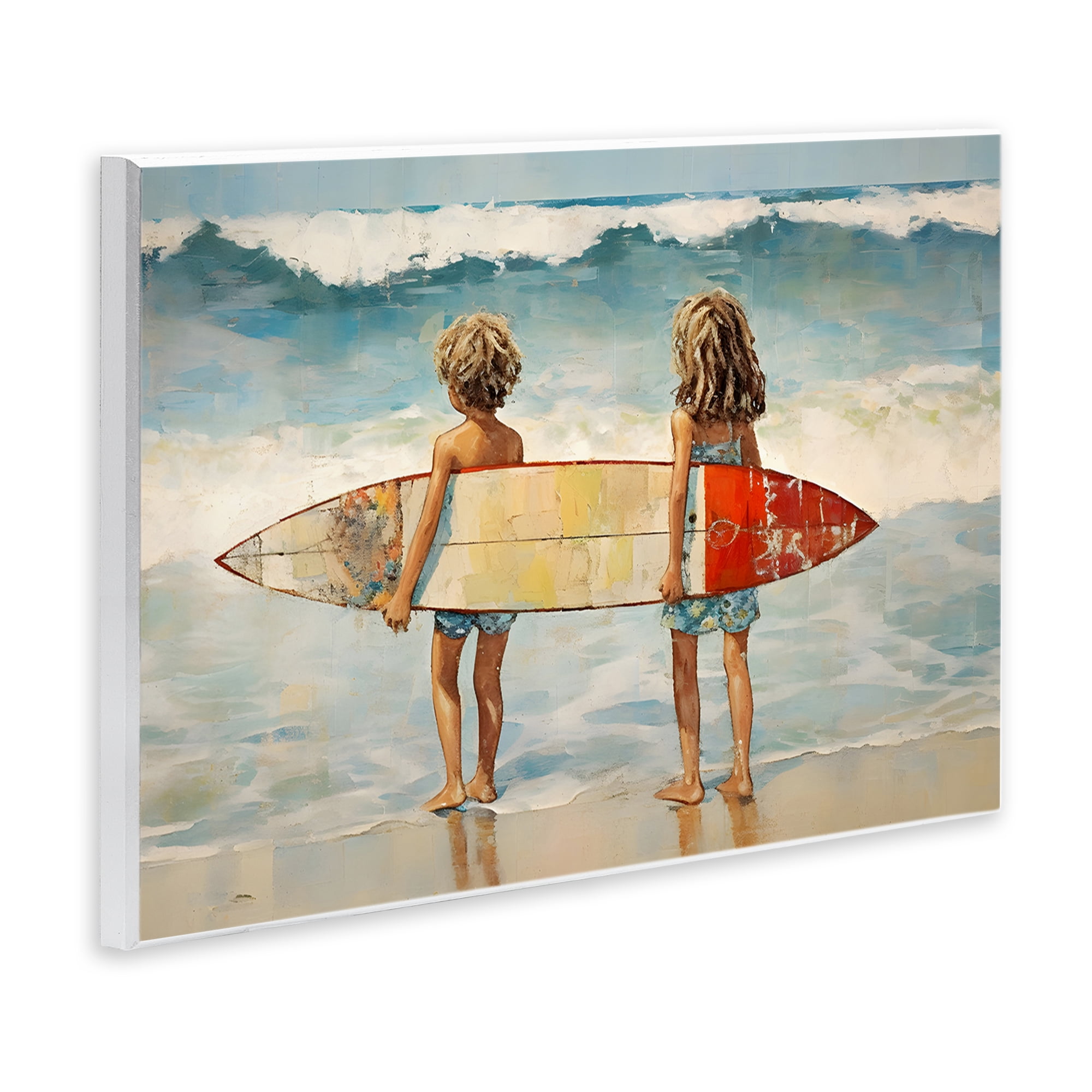 Stupell Industries Kids with Surf Waves People Painting Unframed Art Print Wall Art, 19 x 13