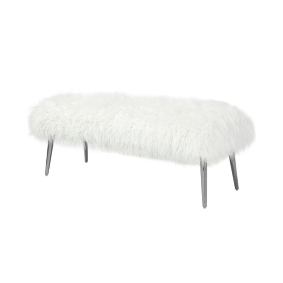 Pangea Home Lammy 17" Modern Metal & Faux Fur Bench in White/Gold