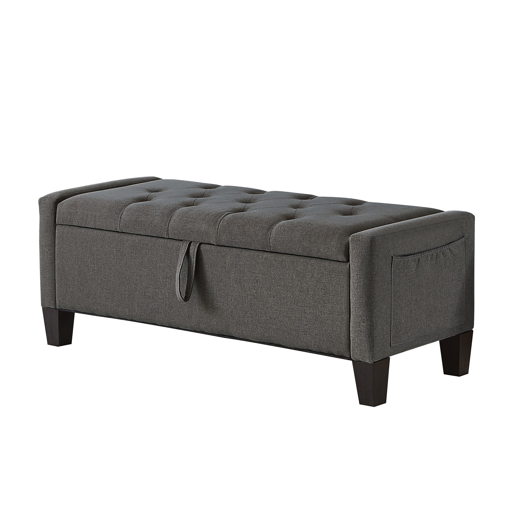 GZXS Multi-Functional Entryway Bench with Hidden Storage & Side Magazine Pocket - 45"L x 17"W x 17"H, Linen Fabric Upholstered Bench Ottoman with Tufted Cushion Seat, 350 lbs Capacity, Dark Gray