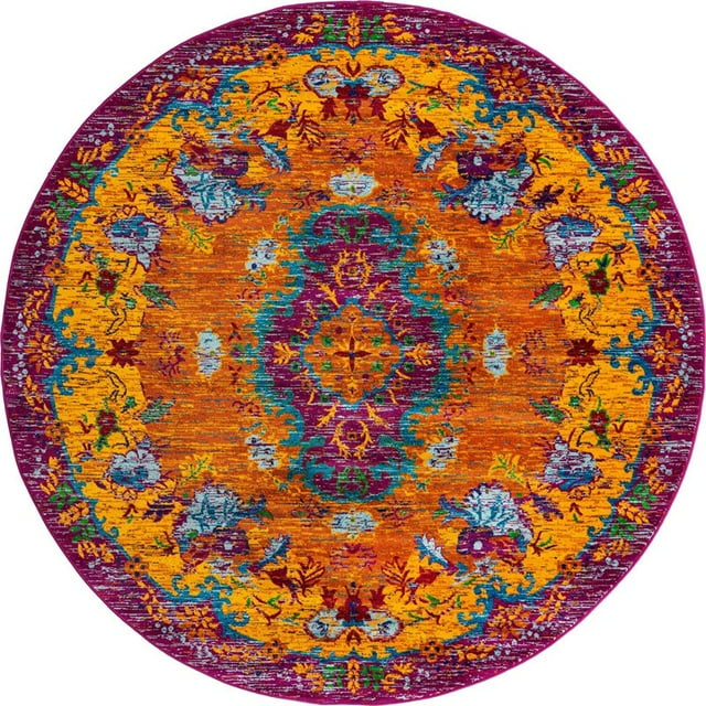 Unique Loom Calypso Floral Medallion Area Rug 7' 10 x 7' 10 Round Orange/Gold