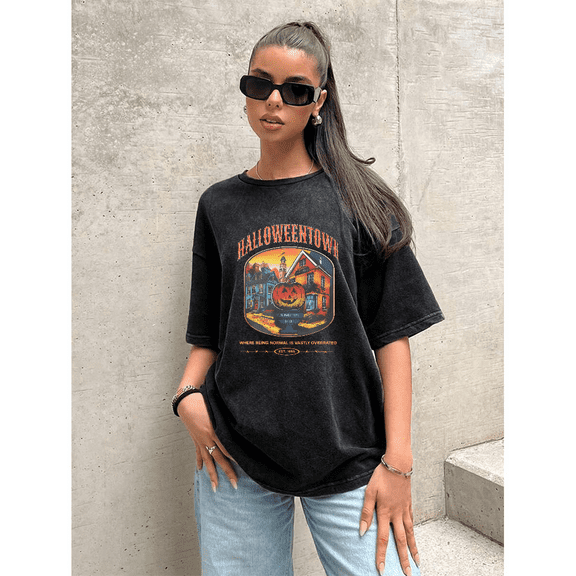 Halloween short sleeve, round neck Pumpkin Town patterned washed T-shirt top black S-2XL, plus-size