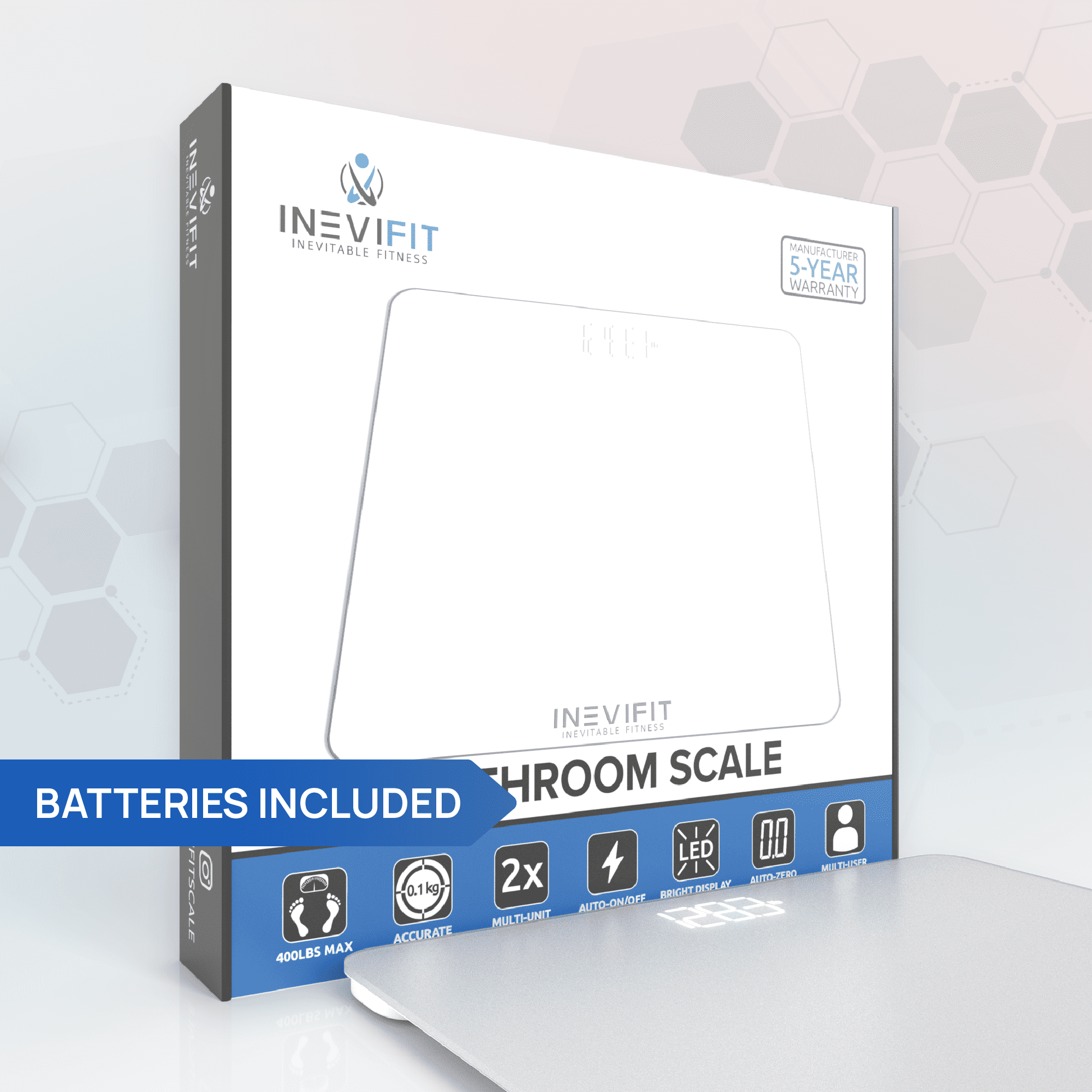 INEVIFIT Bathroom Scale, Highly Accurate Digital Bathroom Body Scale. With 5-Year Warranty - White