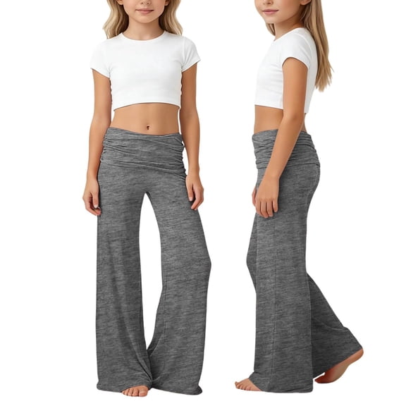 YOUYEDIAN Yoga Pants Girls Fold Over Low Waist Wide Leg Sweatpants Flare Leggings Bell Bottoms Y2K Foldover Pants (Dark Gray, 9-10 Years)