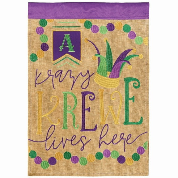 Magnolia Gardens M011668 13 x 18 in. A Krazy Krewe Lives Here Burlap Garden Flag
