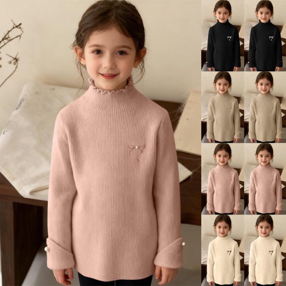 Sweatshirt Warm Fall Winter Knit Pullover Tops Children's Solid Color Long Sleeved Casual Long Sleeved Collar Button Shirt Sweater For Kids Pink 4-5 Years