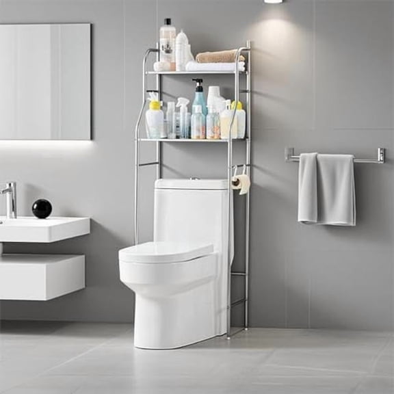 2-Tier Freestanding Over Toilet Metal Storage Shelf, Multifunctional Bathroom Organizer with Hook Paper Holder, Space Saving Household Storage Rack