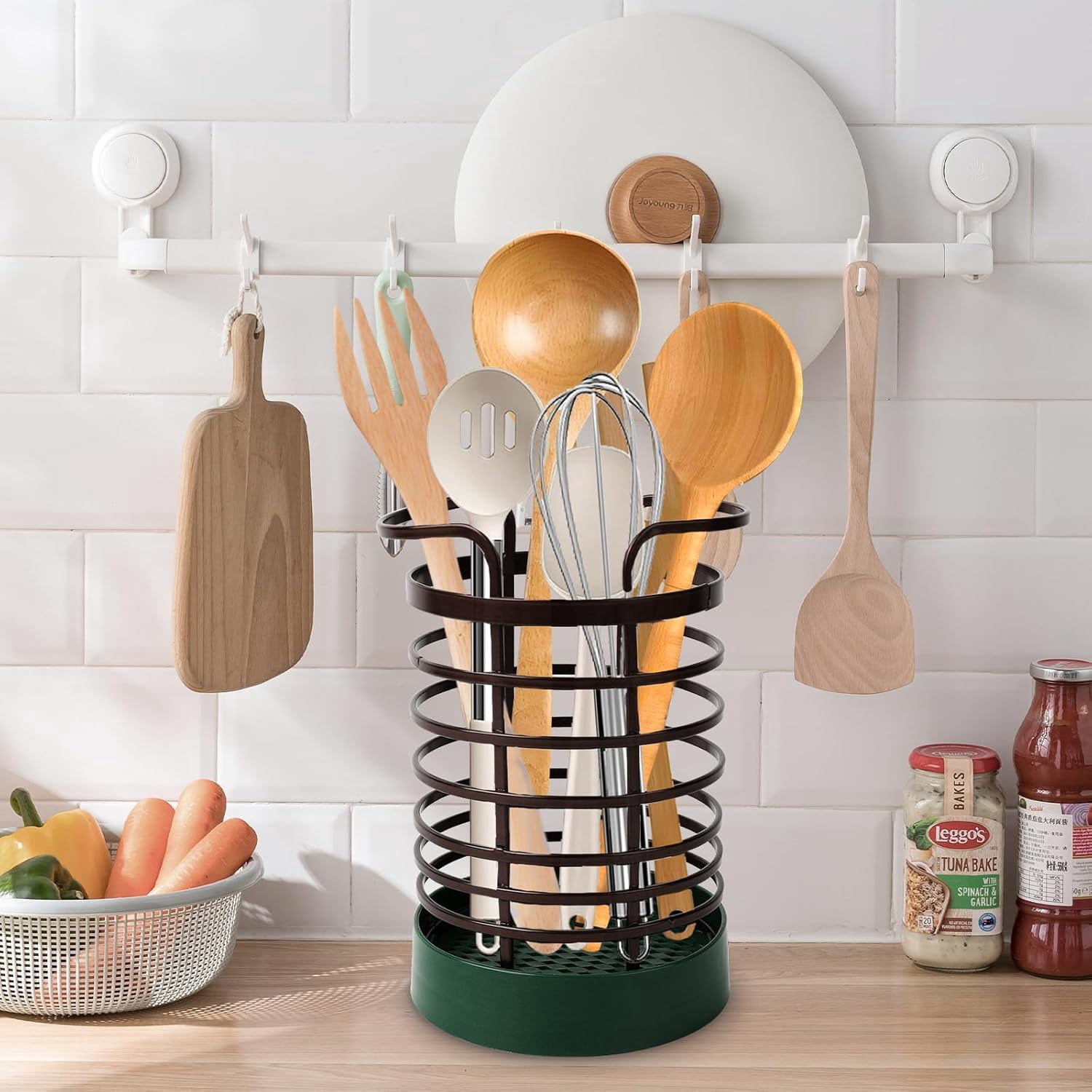 ABPETE Utensil Holder for Kitchen Counter,Modern Metal Utensil Holder with Green Stable Base,Large Cooking Utensil Crock Organizer for Spatula & Spoon,Farmhouse Kitchen Decor