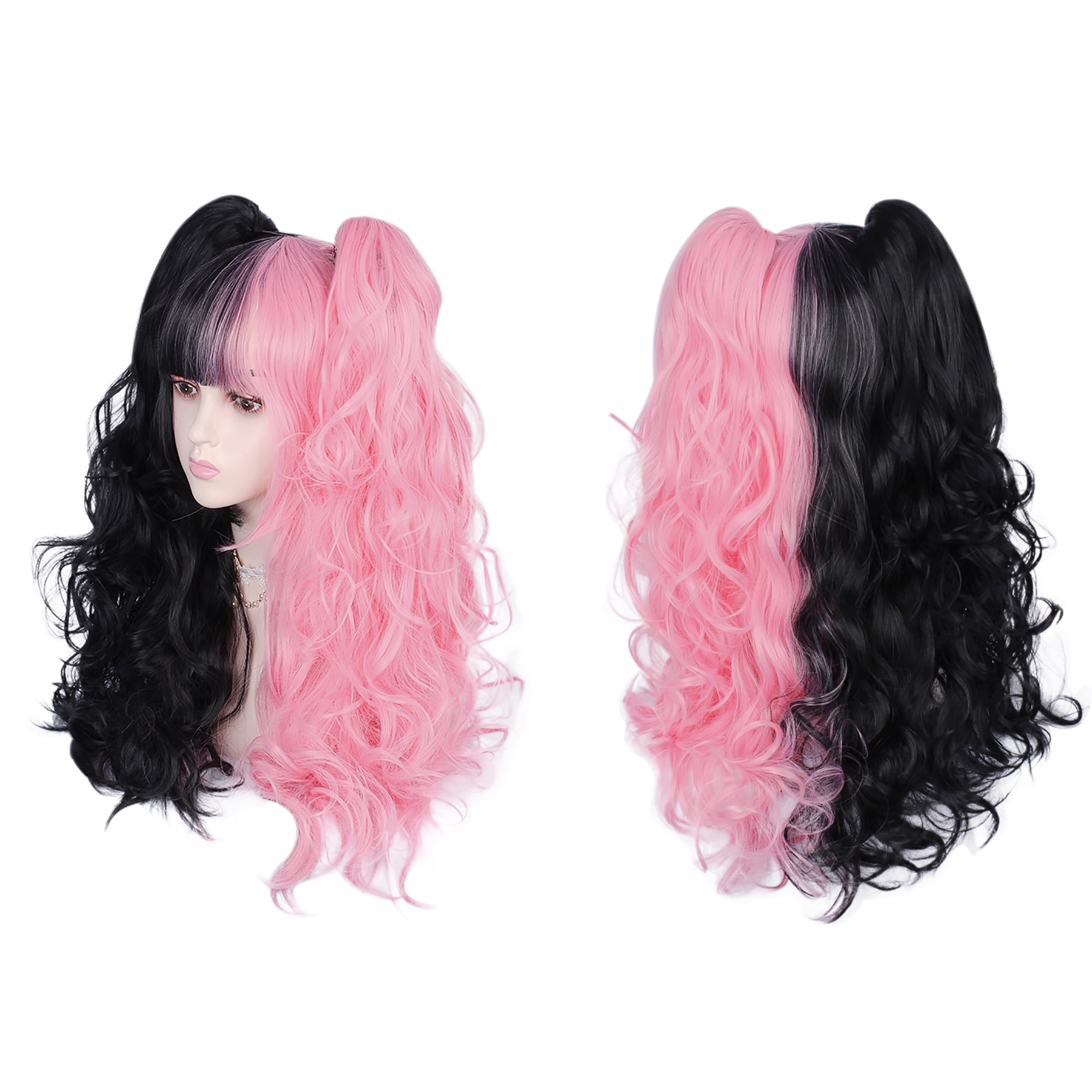 Unique Bargains Wigs for Women 24" Ponytail 24" Body Length Black Pink Curly Wig with Wig Cap
