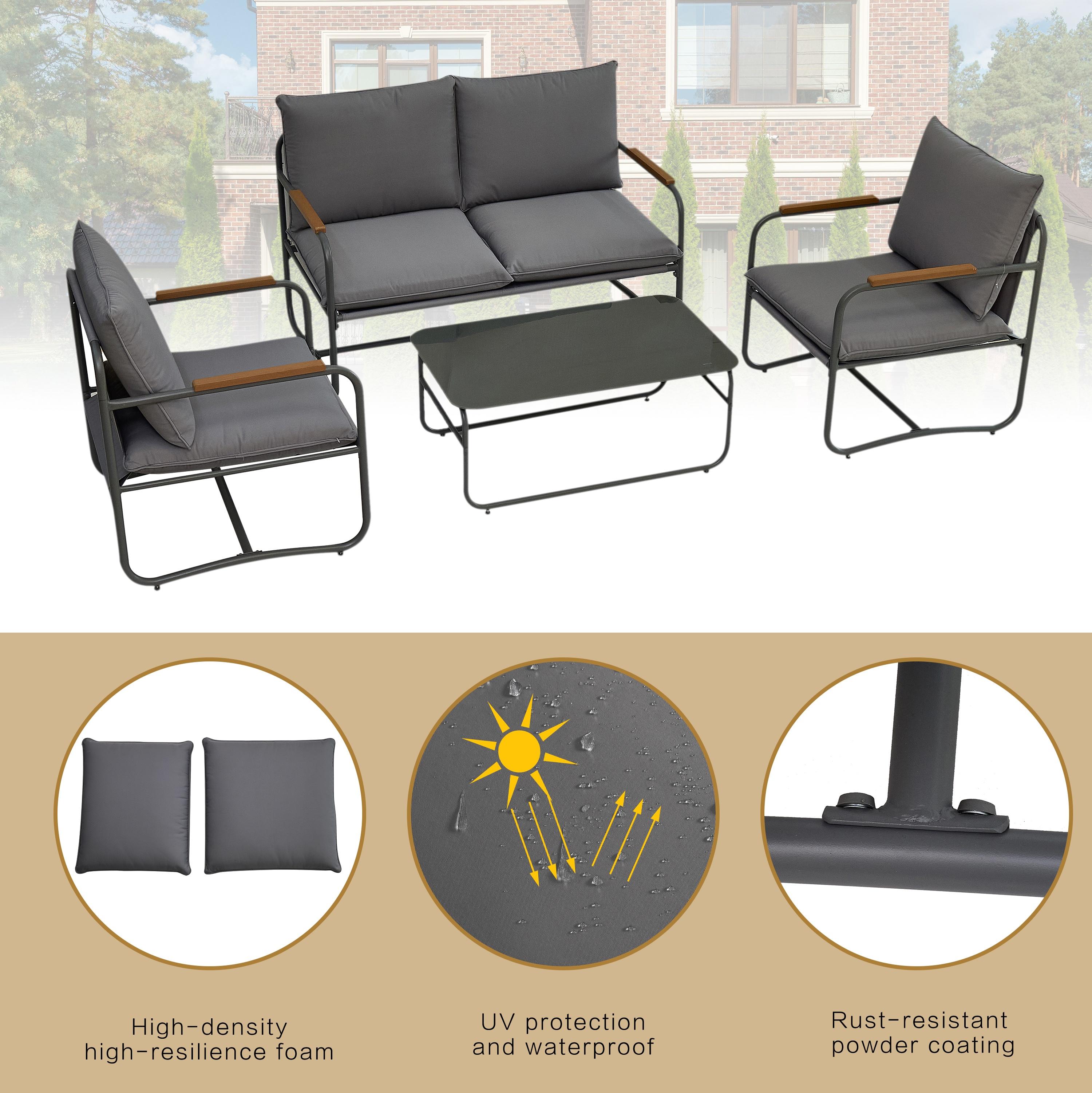 Syngar 4 Piece Patio Furniture Sets, Sectional Furniture Set for Outside, Conversation Sofa Set with Coffee Table and Dark Gray Cushions, Outdoor All Weather Metal Chairs Set for Yard, Poolside, Deck - image 3 of 7