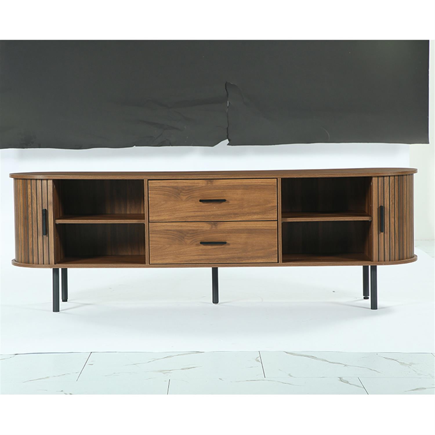 Demi Bonn 70" TV Stand, Modern Media Console with Storage and Sliding Tambour Door for Home Living Room, Office, Brown
