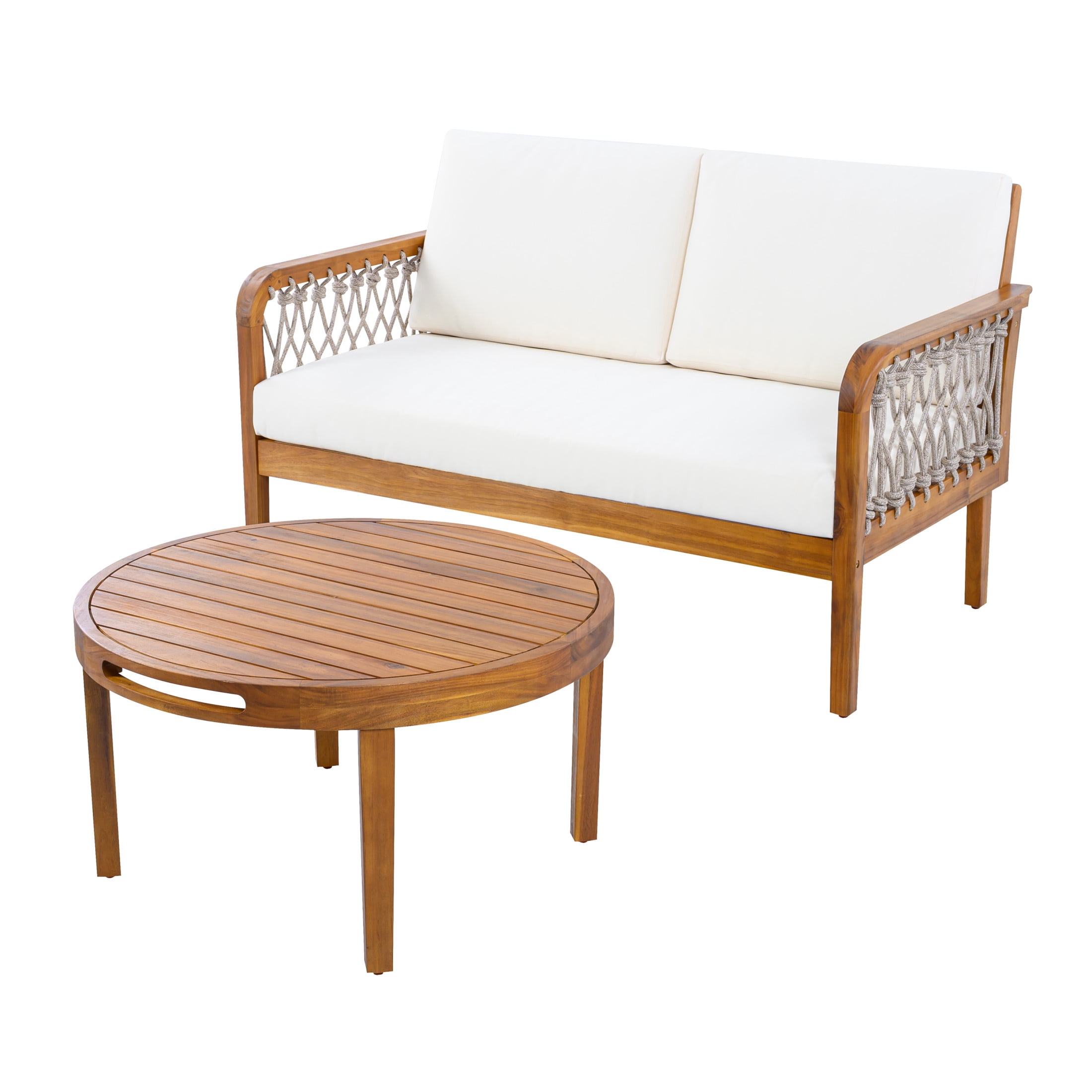 Christopher Knight Home Modern Outdoor Loveseat and Coffee Table Set, Handwoven Rope, Teak