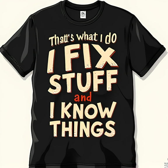Black T-Shirt with Bold White Print 'I FIX STUFF and I KNOW THINGS' in Red