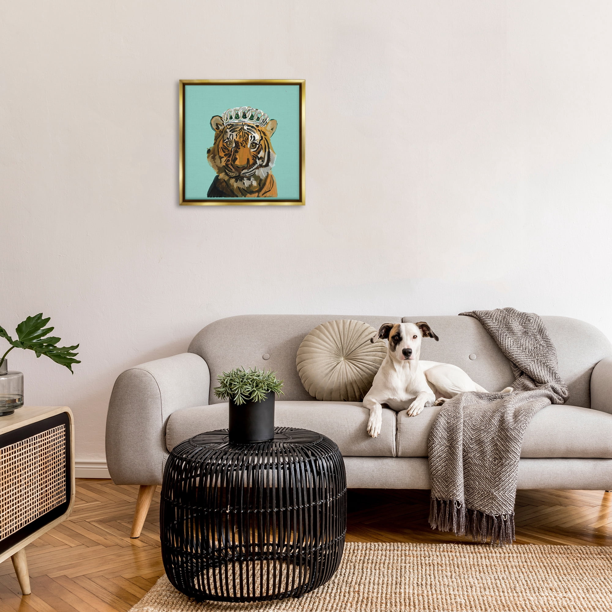Stupell Industries Tiger Wearing Crown Animals & Insects Painting Gold Floater Framed Canvas Art Print Wall Art, 25 x 25