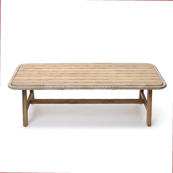 LuxenHome Outdoor Acacia Wood Coffee Table with Woven Wicker Edge, Patio Furniture Accent