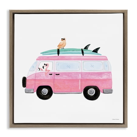 Stupell Industries Summer Birds & Van Transportation Painting Brown Floater Framed Canvas Art Print Wall Art  18 x 18