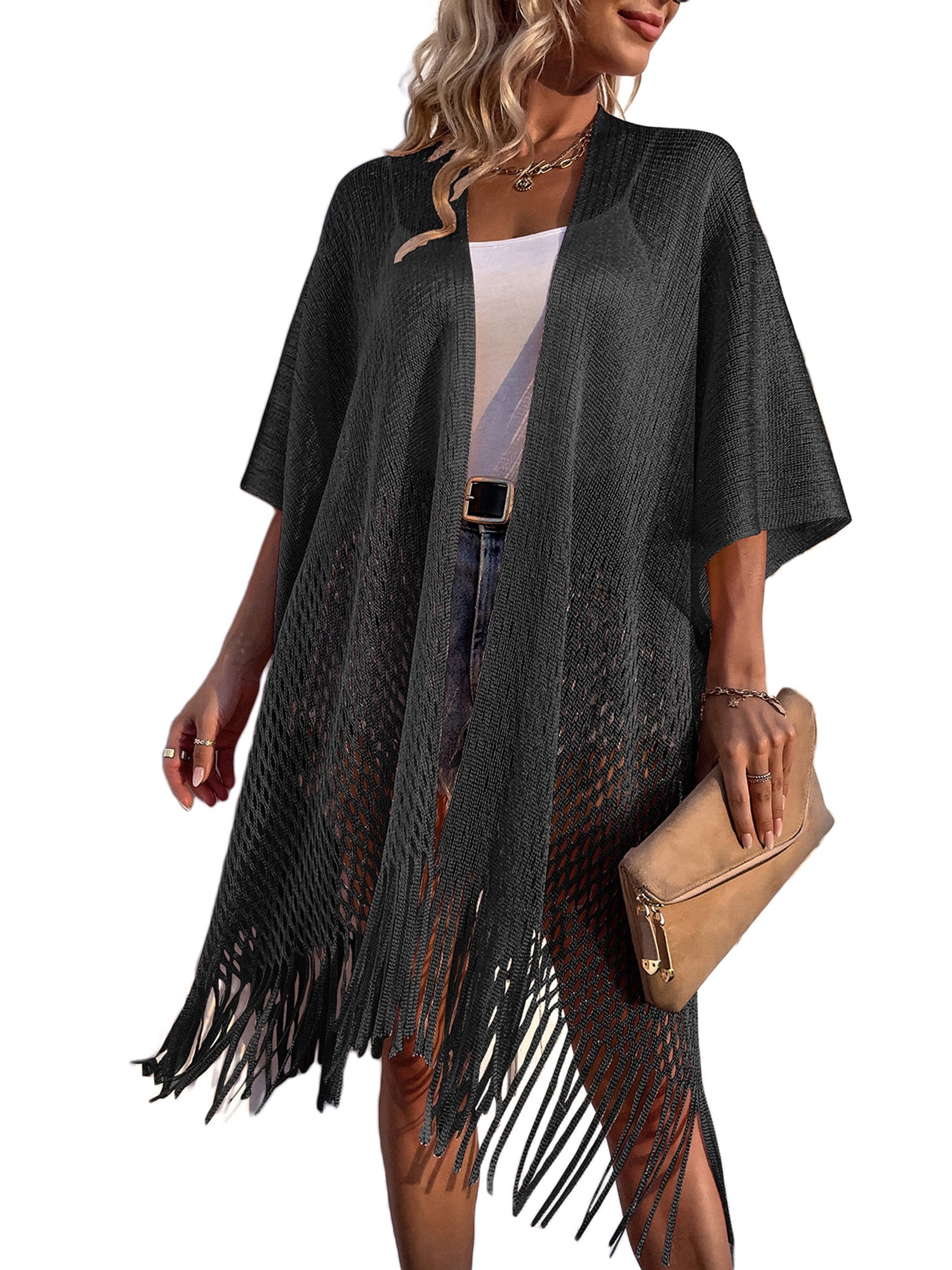 Women's 2023 Fashion short Sleeve Tassel Fringe Kimono Cardigan Swimsuit Bikini Beach Cover Up