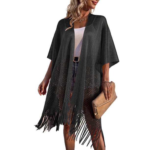 VISgogo Blusa de sol de playa para mujer con decoración de borlas largas, ropa de verano suelta hueca de color sólido VISgogo moda