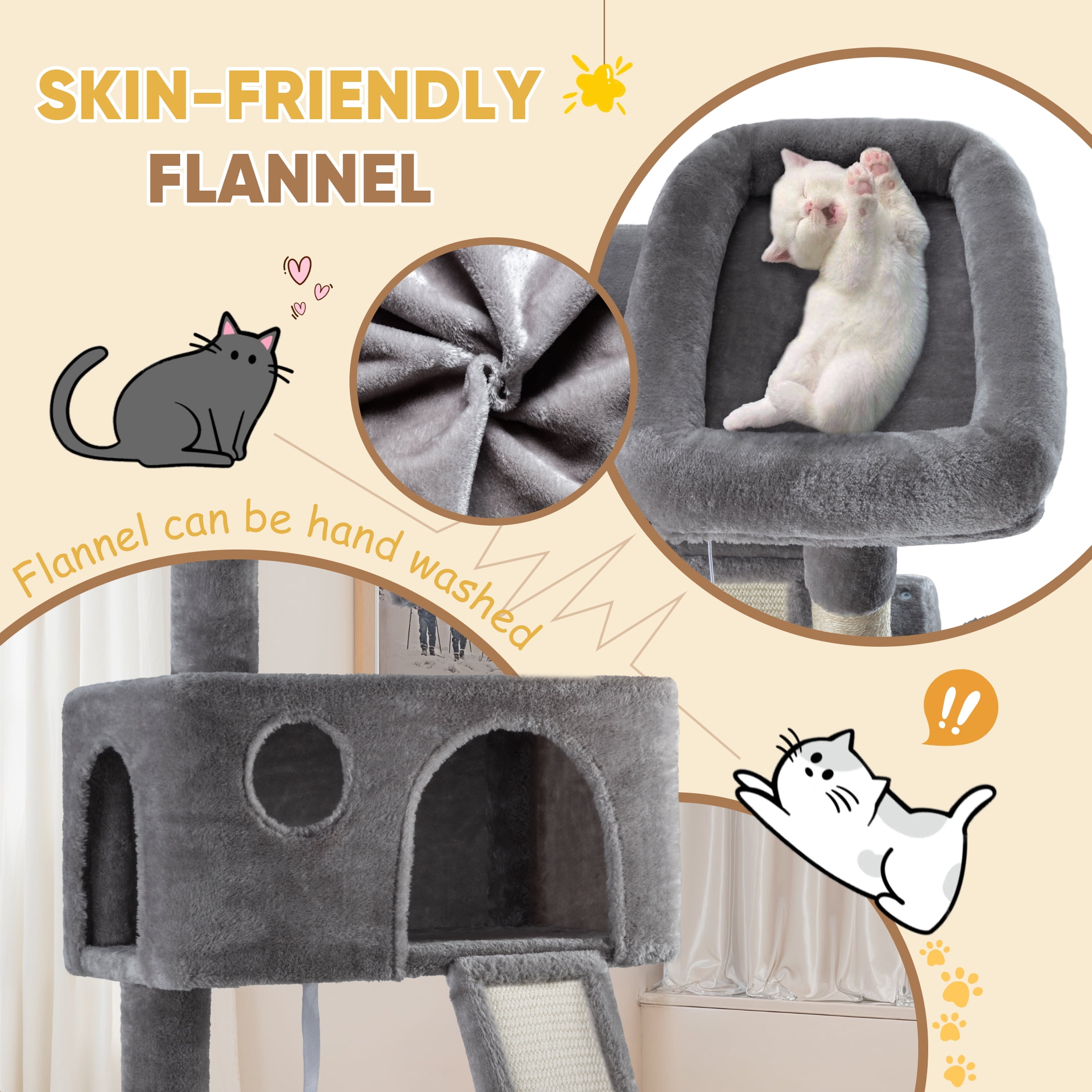 Einfach 65.7" Large Cat Tree and Tower for Cats, Condo House with Hammock, 2 Scratching Boards & 5 Scratching Posts, Gray